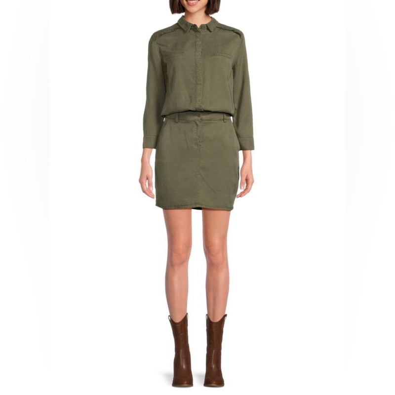 Etienne Marcel Military Tencel Shirt Mini Dress In Olive Green.